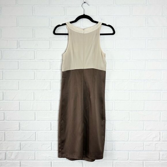 New Brown Satin Beige Chiffon Beaded Neckline Sleeveless Sheath Dress. - Picture 5 of 11